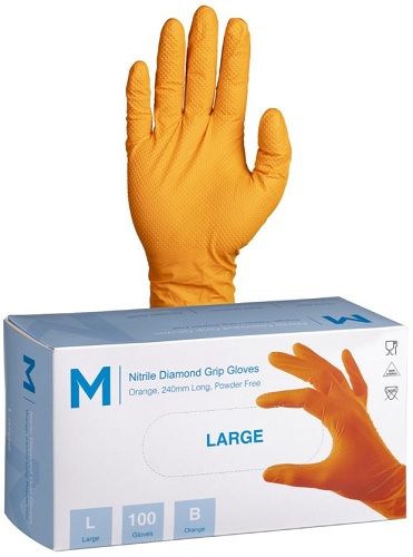MPH29435 NITRILE DIAMOND GRIP GLOVES POWDER FREE - ORANGE, M, 240MM CUFF, 9.0G - Image 1